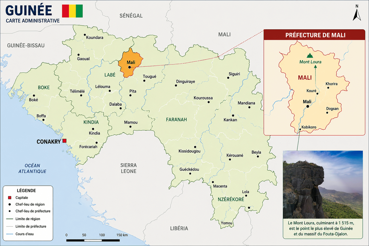 Carte de la Guinée situant la préfecture de Mali, dans la région de Labé au Fouta-Djalon